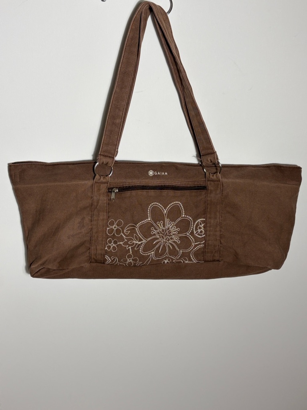 Gaiam Canvas Yoga Mat Bag Brown Floral Gym Tote Carry Strap Zip Pocket